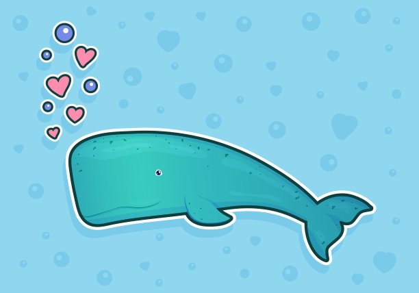 鲸鱼贴纸，蓝色背景，气泡和心形。海洋鱼类。水下海洋野生生物。矢量插图。图片下载