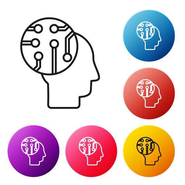 黑线人脑作为数字电路板图标孤立在白色背景上。人的头部轮廓，里面有线路。设置彩色圆形按钮图标。矢量图图片下载