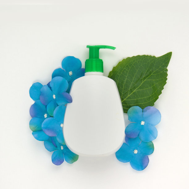 天然有机化妆品包装塑料模拟叶和花。图片下载