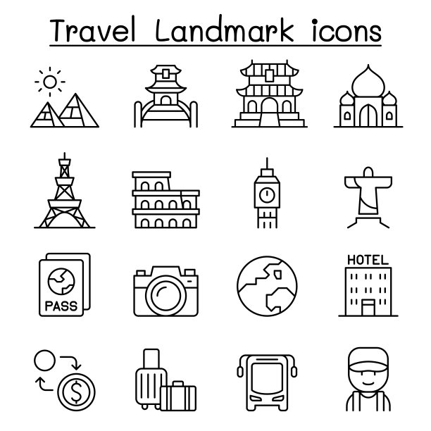 旅游地标图标设置在细线风格图片下载