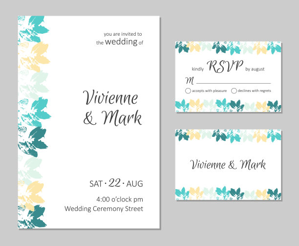 矢量婚礼花邀请。Rsvp卡片设计集。树叶图案的请帖。图片下载