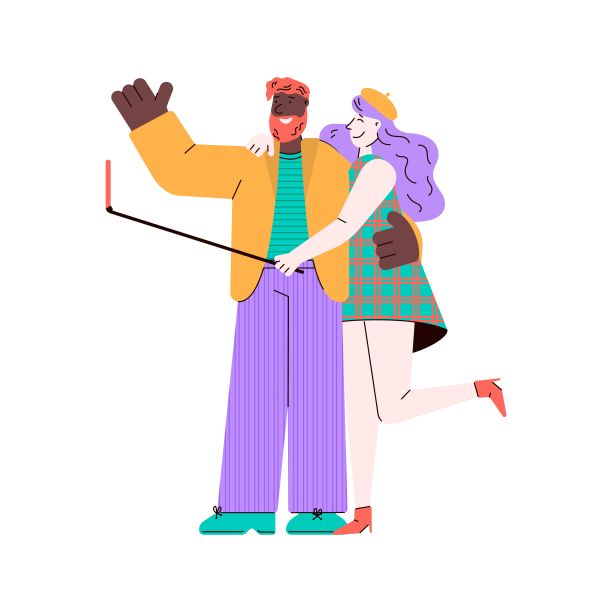 人们做自拍用手机平板卡通矢量插图孤立。图片下载