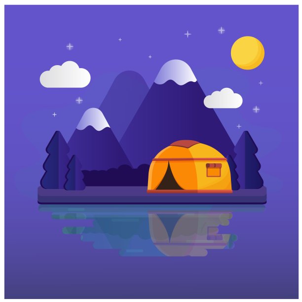 露营的下午，太阳，天空，山。在山里日夜扎营。夏天，假期旅行，野外自然创造。徒步旅行，露天休息，徒步旅行。平面向量插图。图片下载