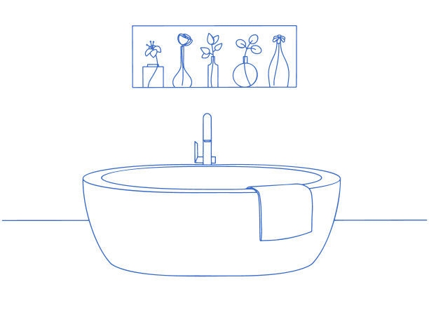 手绘浴室内部。素描浴缸和其他浴室用品。矢量插图在素描风格。图片下载