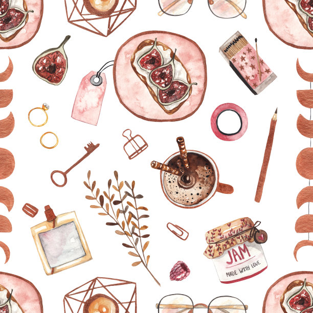 温馨的早餐。无缝的水彩模式图片下载