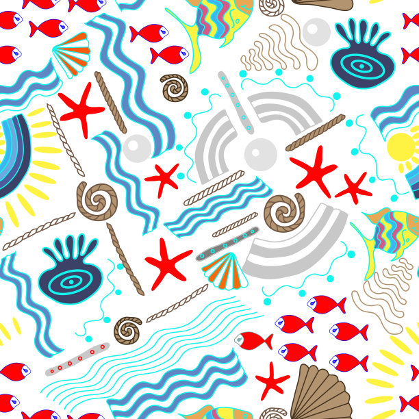 无缝模式与航海主题。夏季设计用于封面、织物、纺织品、包装、包装纸、墙纸。图片下载