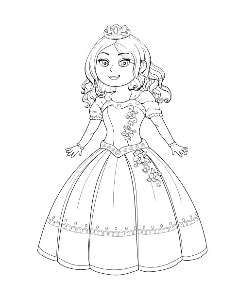 可爱可爱的公主概述绘制白色背景的着色书图片下载