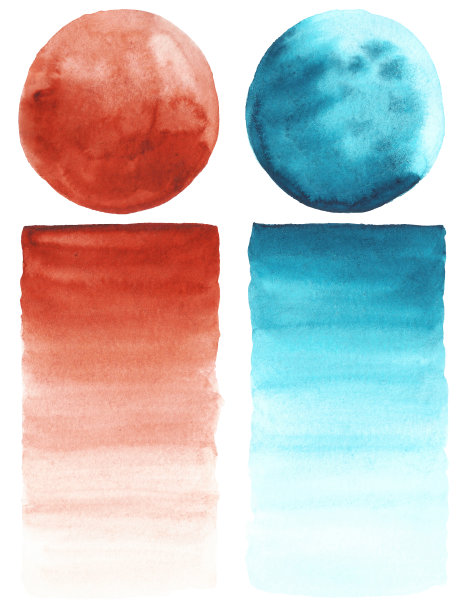 组水彩污渍。白色背景上的斑点。蓝色、红色。圆,矩形,。明亮。梯度。抽象水彩画的纹理。孤立。向量。图片下载