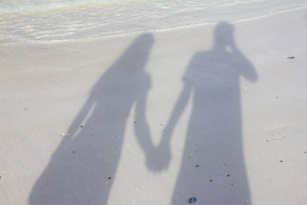 日落时分，一对幸福的夫妇在海滩上牵着手的影子图片下载
