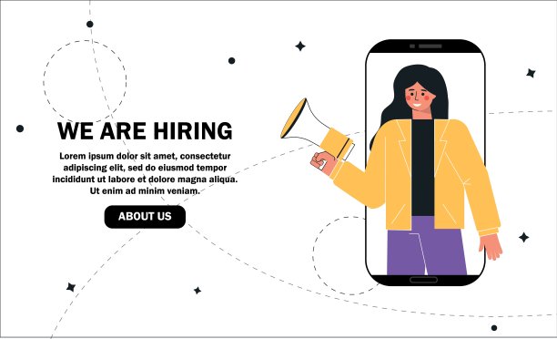 矢量平面现代插图，女人对着扩音器或扩音器大喊大叫，并招募新员工工作。我们是招聘概念，招聘机构。着陆页模板。图片下载