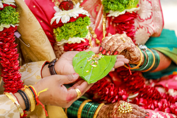 印度新郎和新娘手持挽歌或绿叶金项链图片下载