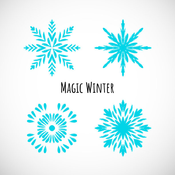一套蓝色雪花图标与文字，矢量涂鸦设计。图片下载