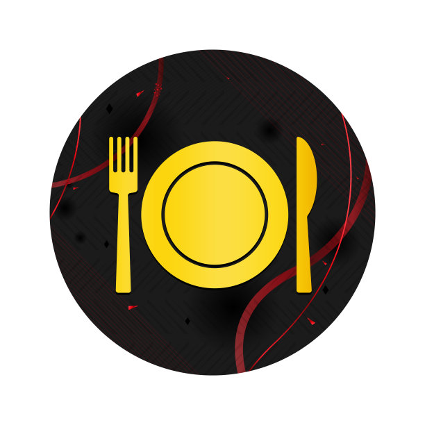 餐盘上有优雅的刀叉图标，黑色圆形按钮图片下载