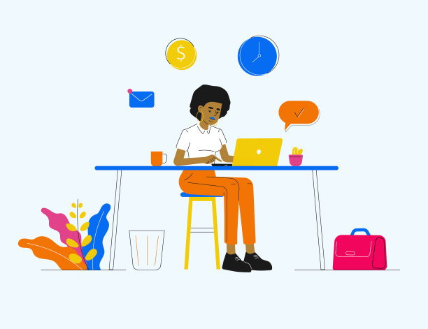 经营理念。一位女士正坐在办公桌前用她的笔记本电脑工作。现代办公室内与商业图标的背景。矢量卡通人物插图素材图片