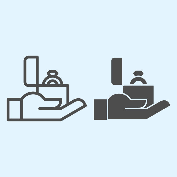 提案线和实体图标。戒指放在盒子里，男人向女士求婚。婚礼资产矢量设计概念，白色背景上的轮廓风格象形图，用于web和应用程序。Eps 10。图片下载