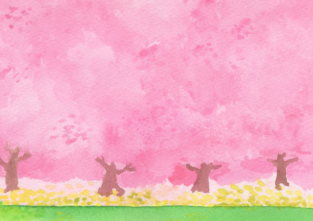 田野的油菜花和樱花树水彩画图片下载