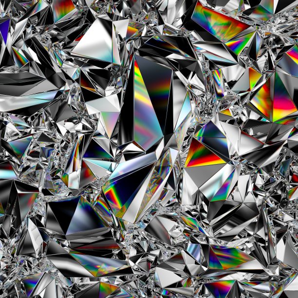 3d渲染，抽象水晶背景，玻璃多面体墙纸，多边形几何结构，皱褶全息纹理，金属箔，闪光结晶墙纸，光线反射图片下载