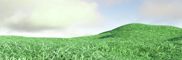 清新的春天绿色的草农村小山与浅蓝色的天空背景与云和空白空间为您的内容3d渲染插图图片下载
