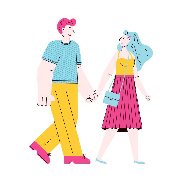 可爱的卡通夫妇手牵手散步-孤立的矢量插图图片下载