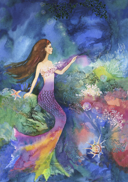 小美人鱼坐在梦幻般的水下世界里素材图片