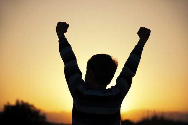 日落时分，快乐欢呼的儿童背影图片下载