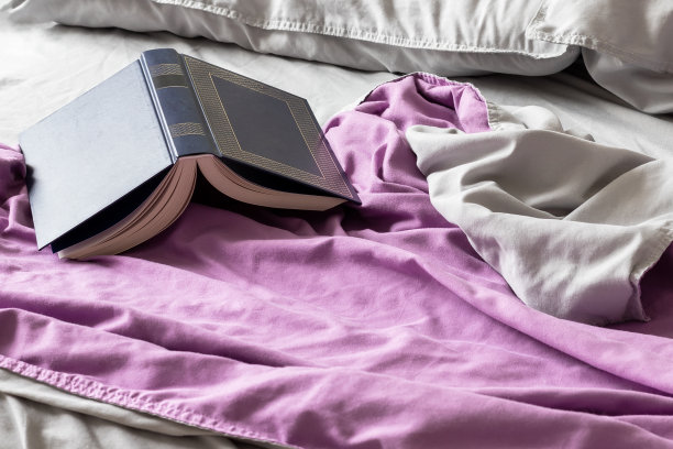 在铺着淡紫色床罩和灰色枕头的床上打开一本蓝色的书。在柔软的床上用品迷人的书图片下载