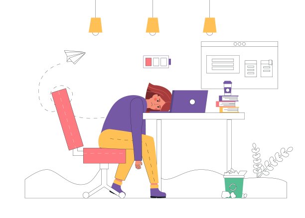 职业倦怠的概念。年轻疲惫的女经理坐在办公室的桌子旁，长时间的工作。沮丧的工人心理健康问题。矢量插图在平面卡通风格。图片下载