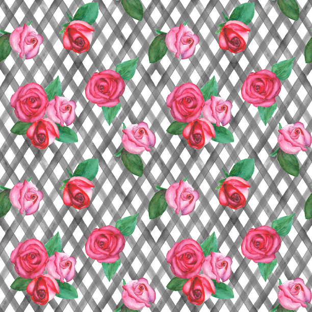背景与水彩红玫瑰在红色条纹格子无缝模式图片下载