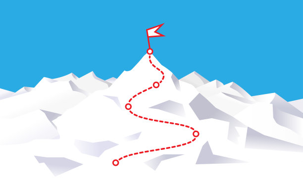 61、登峰造极，以旗登峰造极。成功之路。上面的方法。商业之旅路径是迈向成功的矢量概念。山峰，攀登路线到顶端岩石矢量插图图片下载