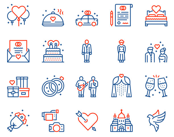 婚礼颜色线性向量图标集。永远爱你的图片下载