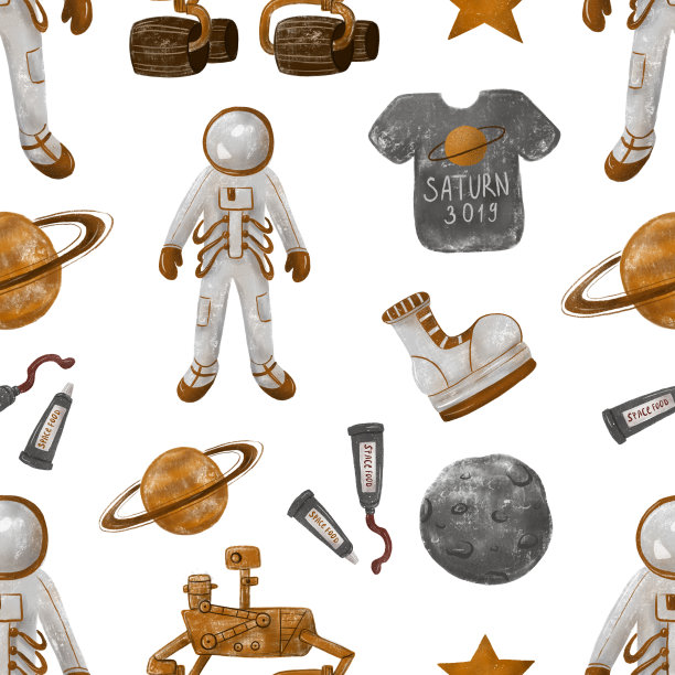 白色背景上的空间无缝模式。太空服和宇航员鞋，漫游者，宇航员食物素材图片