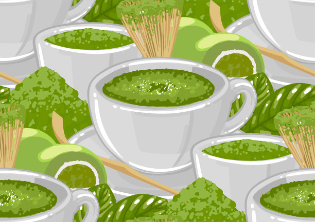 白色的圆杯抹茶，周围是绿色的粉末，叶子，搅拌器和麻糬甜点。图片下载