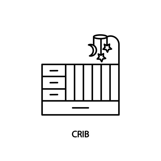 带抽屉的婴儿床和旋转木马直线矢量图标。苗圃平面矢量符号。婴儿的摇篮。网站或横幅和印刷材料的概念。图片下载