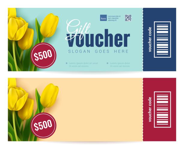 鲜艳的彩色礼品券模板与黄色郁金香。图片下载