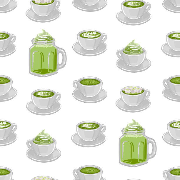 杯抹茶咖啡或茶牛奶植物艺术，鲜奶油和棉花糖图片下载