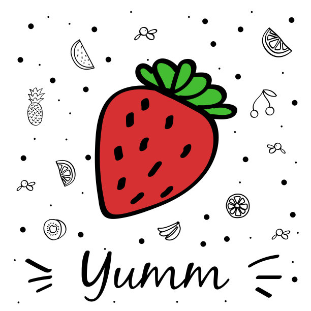 Yumm。红色甜草莓与水果。孤立在白色的。向量图片下载