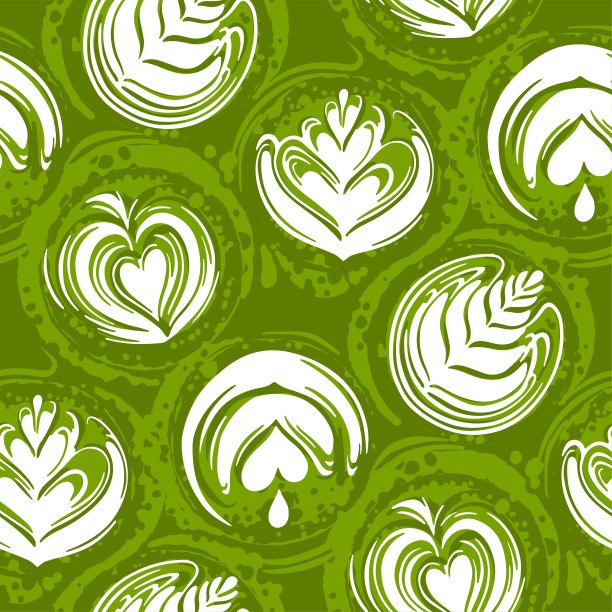 植物艺术在抹茶咖啡或茶表面。无缝模式图片下载