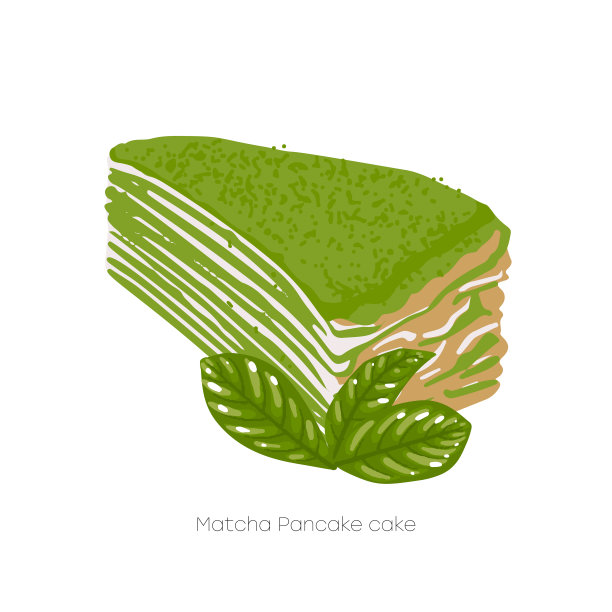 抹茶薄煎饼，上面覆盖着绿色的粉末，装饰着绿茶的叶子图片下载