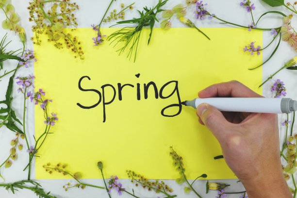 在淡黄色绿色纸上手写“春天”字样，春季开始图片下载