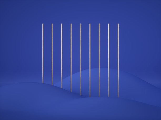 3d渲染，金色的垂直线站在山之间的蓝色背景。时尚简约概念，现代几何设计。干净的风格。图片下载