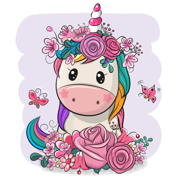 卡通独角兽与花在白色的背景图片下载