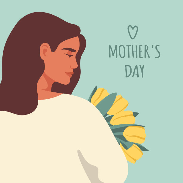 母亲节贺卡与美女手持一束黄色郁金香。图片下载