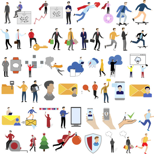 白色背景上的48个平面卡通人物。不同的学科，医学，运动，技术，娱乐。图片下载