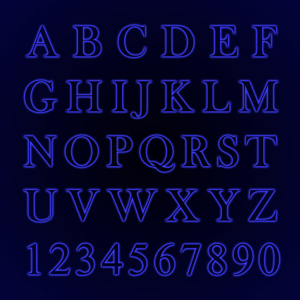 发光的霓虹灯字母从A到Z和数字从1到0。趋势色-幻影蓝。图片下载