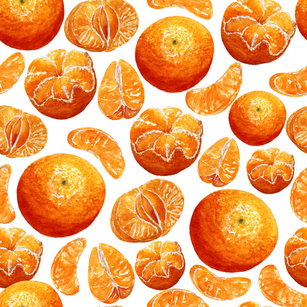 水彩热带水果质地无缝。花样与桔子，剥皮和切片。用于包装或邀请的食品设计图片下载