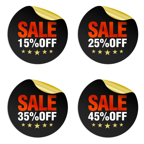 黑色促销贴纸，15%，25%，35%，45%的星星折扣图片下载
