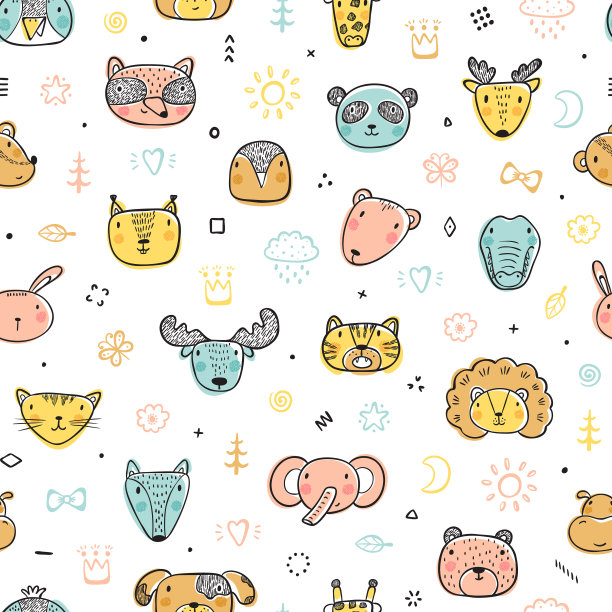可爱的动物脸无缝图案。手绘涂鸦卡通动物和鸟类。儿童矢量背景图片下载
