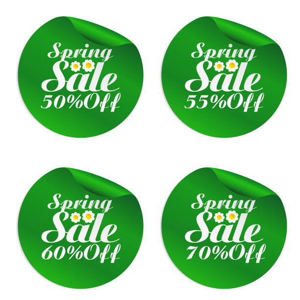 春季促销贴纸设置50%，55%，60%，70%的折扣与鲜花图片下载