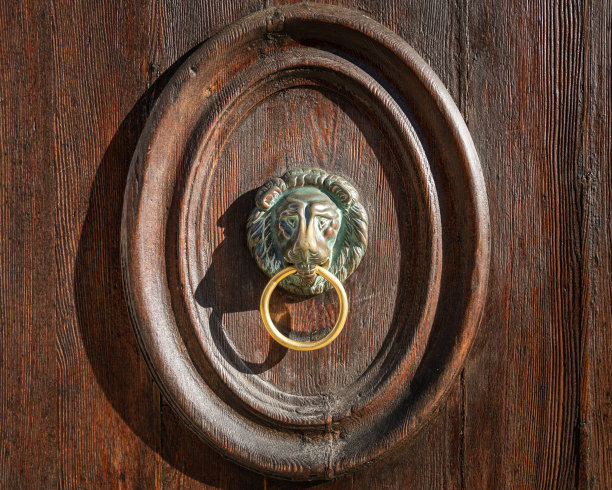 威尼斯一扇棕色门上的青铜门把手图片下载