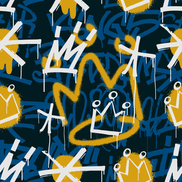 涂鸦无缝模式与皇冠图像和书法背景。抽象涂鸦标签和喷雾器喷漆喷溅背景。用于海报，t恤，纺织品，包装纸。图片下载